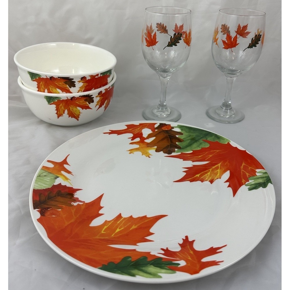 Royal Norfolk Autumn Leaves Dinner Plate Wine Glasses Bowl Set Fall Thanksgiving